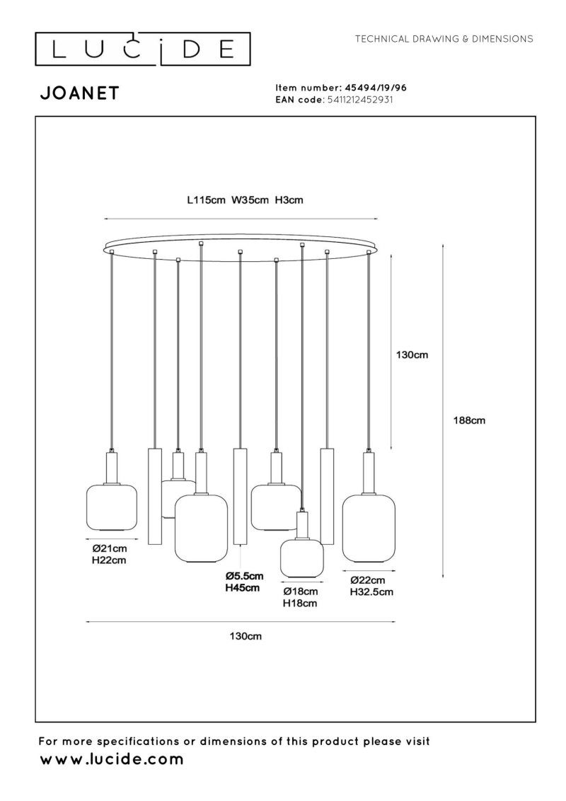 Lucide JOANET - Pendant light - 6xE27 - Brass